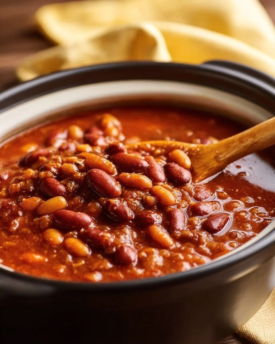 Crock Pot 15 bean soup with ground turkey in a bowl, garnished with herbs.