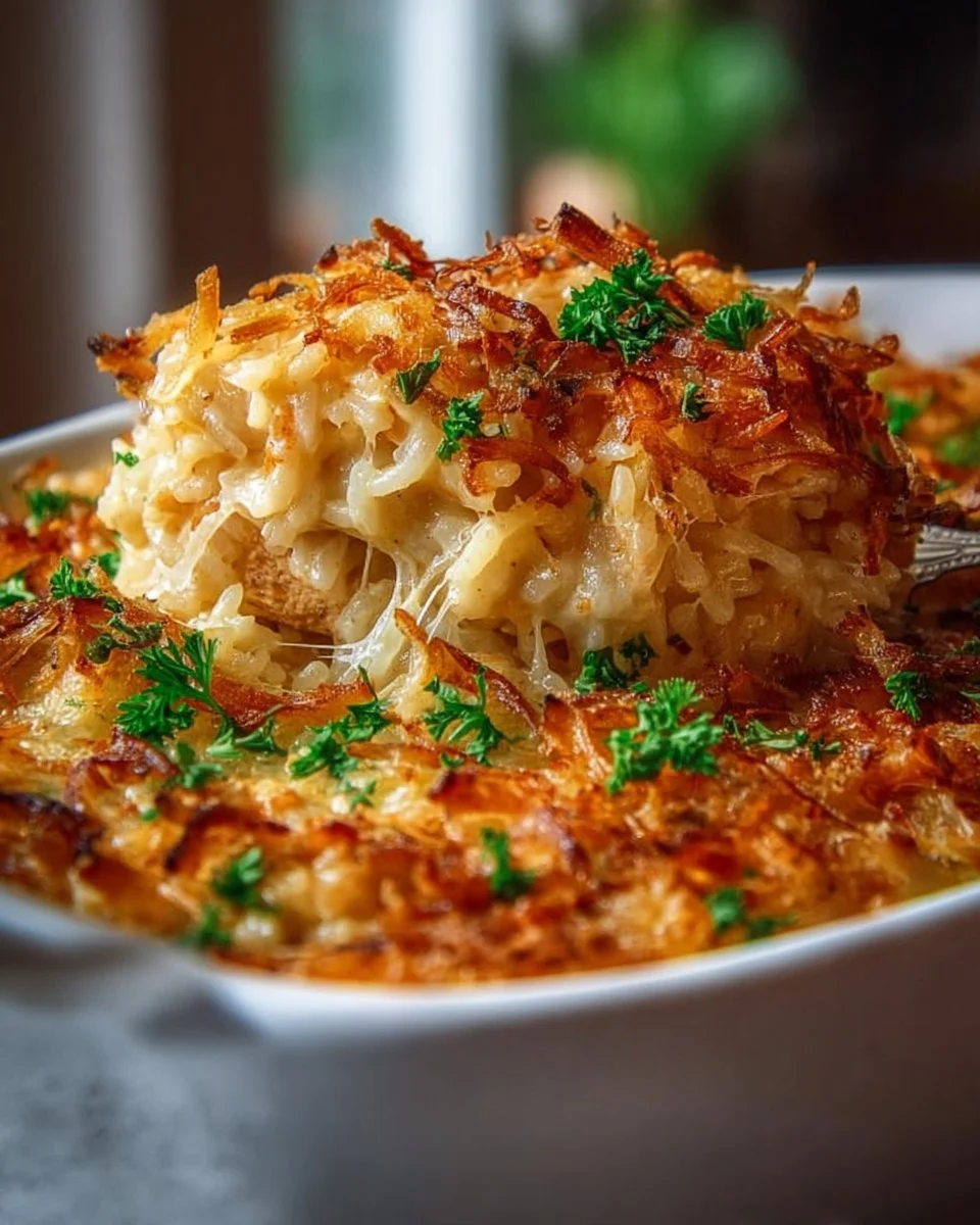 Delicious French onion chicken rice bake with melted cheese on top.