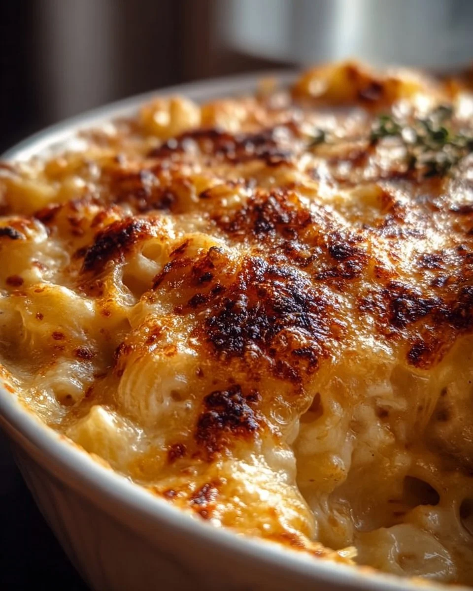 Delicious French Onion Soup Mac and Cheese topped with melted cheese and herbs