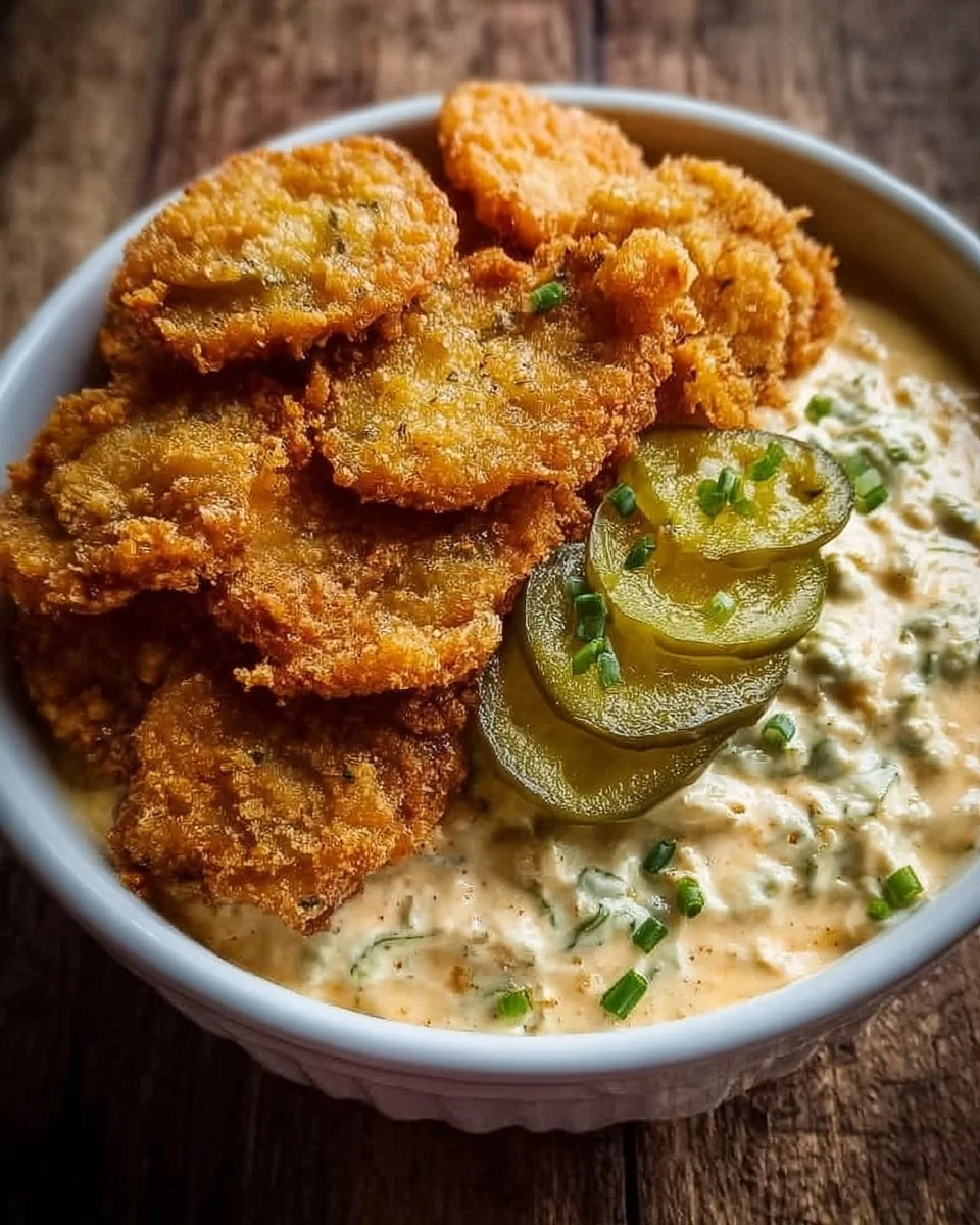 Creamy fried pickle dip served in a bowl with pickle slices for dipping