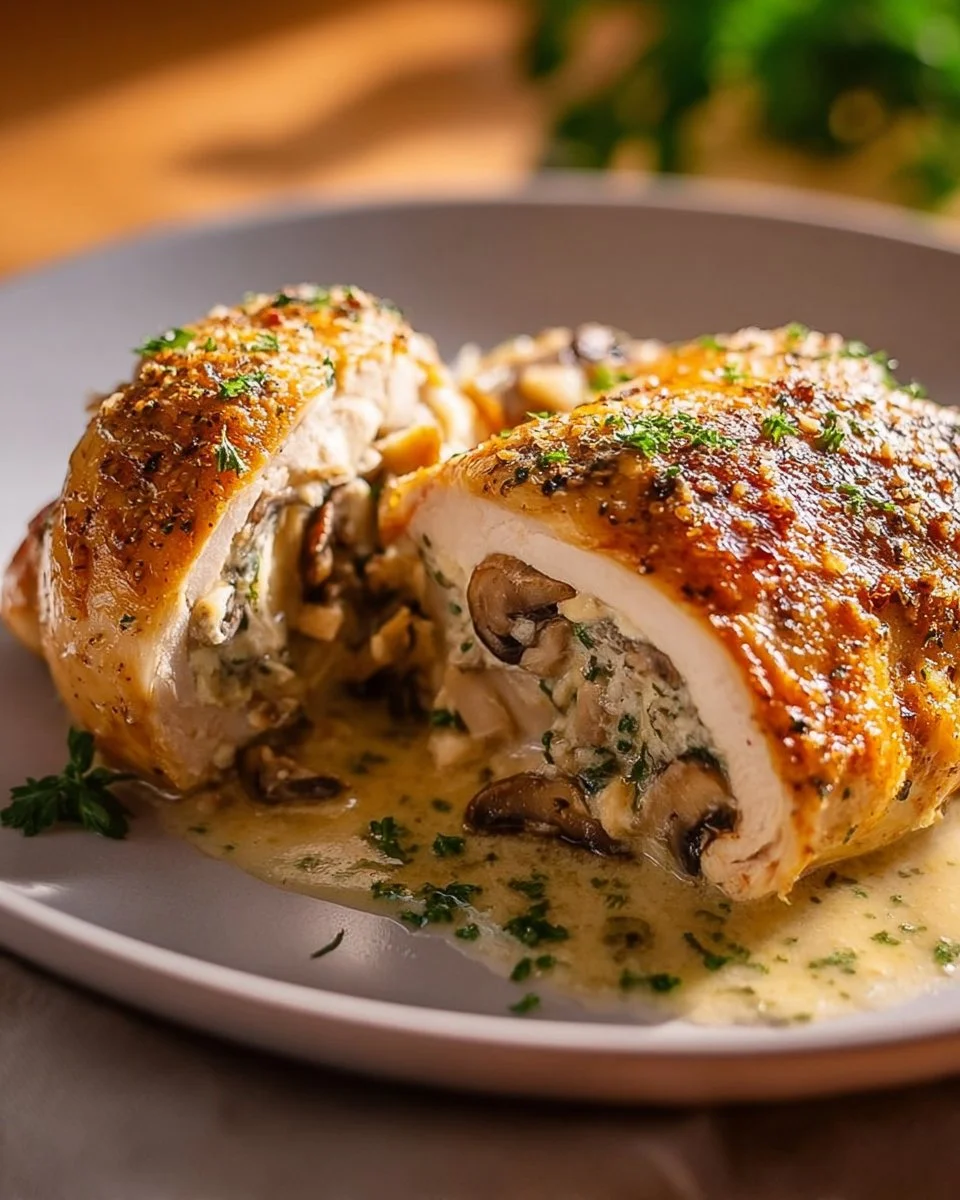 Garlic Stuffed Chicken Breast with Mushrooms plated on a rustic wooden table