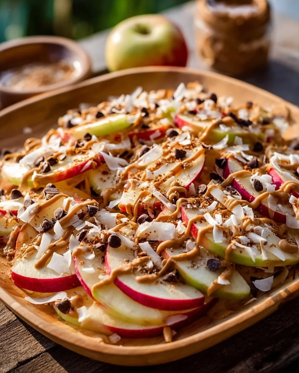 Gluten-free apple nachos with toppings like caramel and nuts.