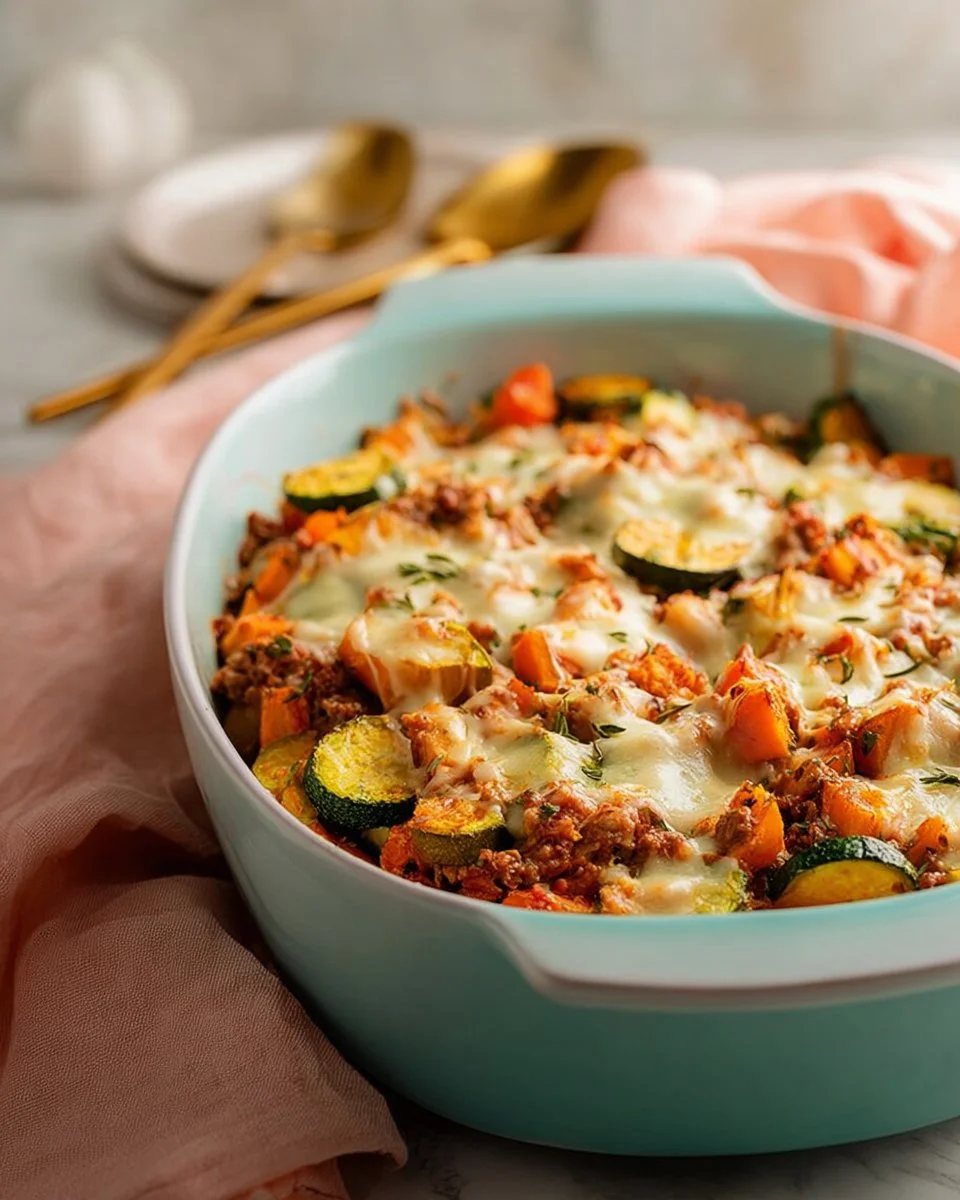 Gluten-free ground turkey sweet potato zucchini bake dish served on a plate