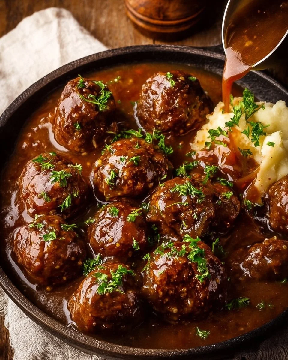 Delicious ground beef meatballs served in rich gravy over mashed potatoes