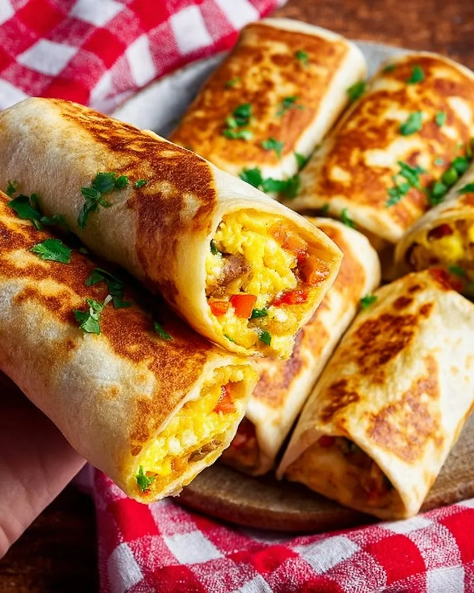 Ground turkey breakfast burrito with eggs and vegetables wrapped in a tortilla