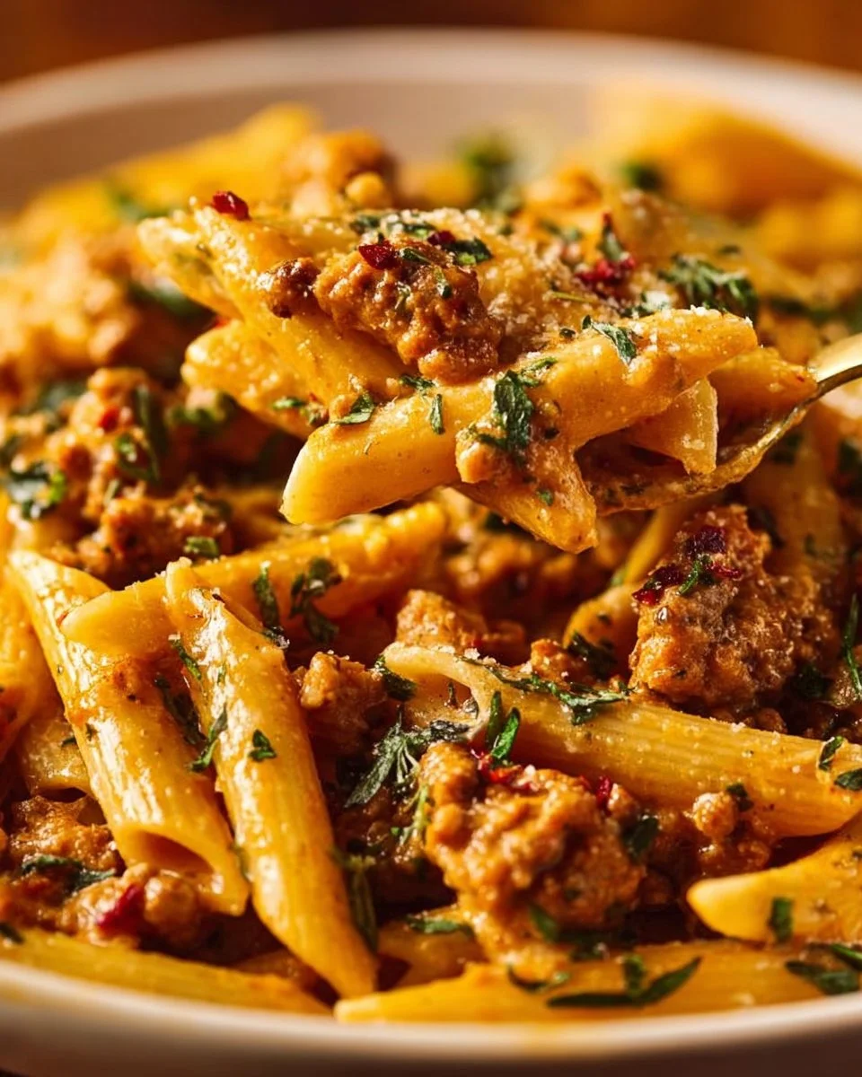 Delicious plate of ground turkey pasta topped with herbs and cheese