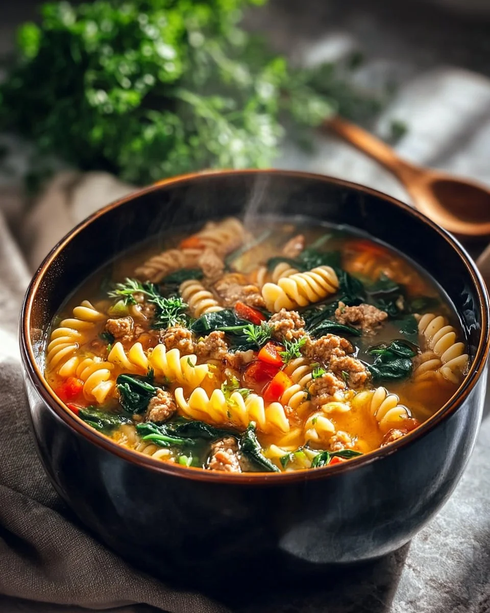 Bowl of ground turkey pasta soup with fresh vegetables and herbs