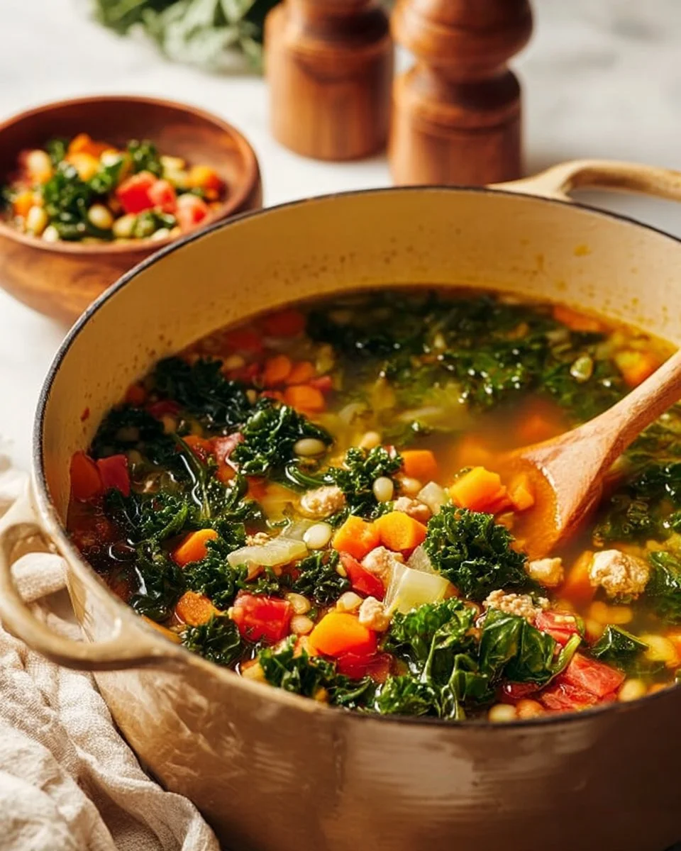 Bowl of ground turkey soup with white beans and kale garnished with herbs