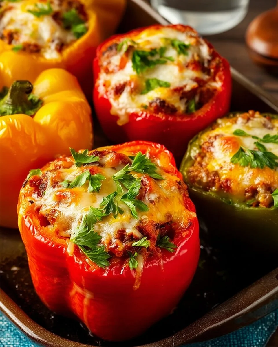 Healthy stuffed peppers filled with ground beef and colorful vegetables