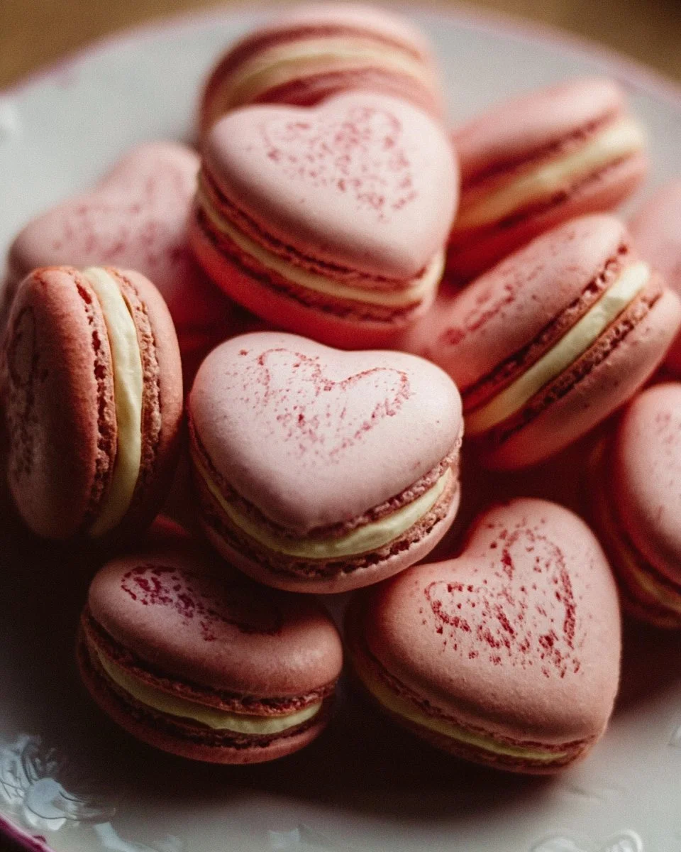 Delicious heart-shaped macarons in assorted colors and flavors