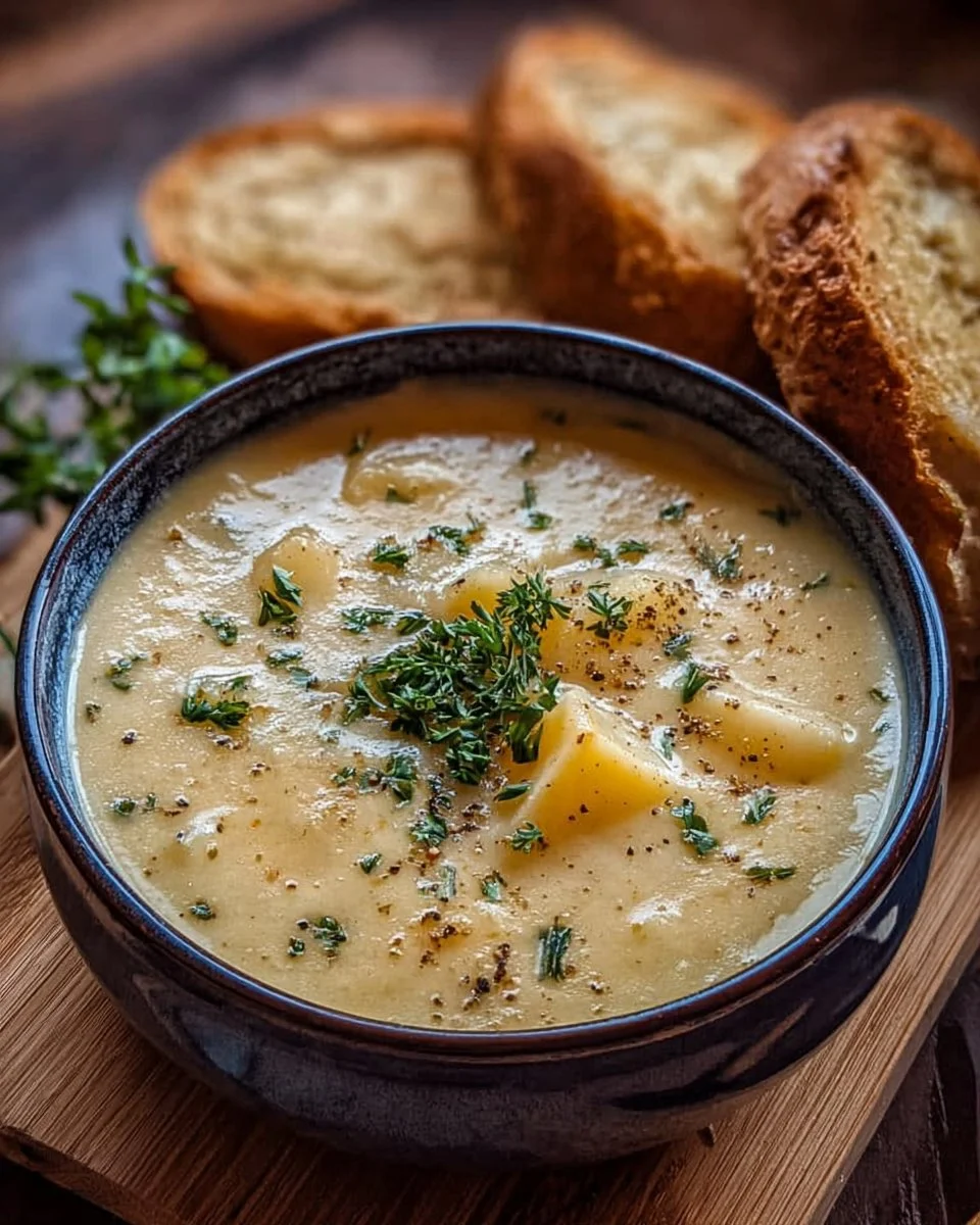 Bowl of hearty cheddar garlic herb potato soup topped with herbs