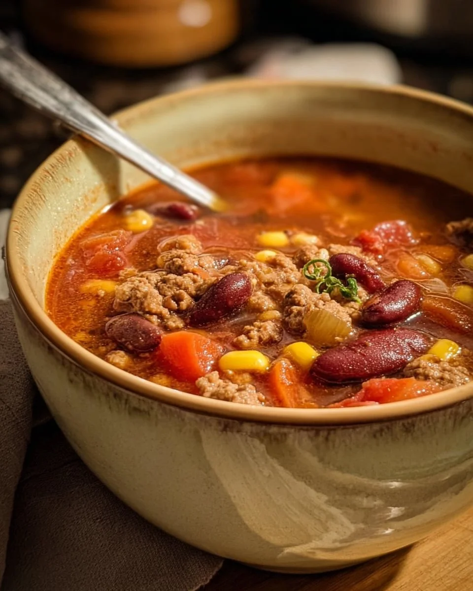 Delicious Hearty Cowboy Soup with beans, vegetables, and spices in a bowl