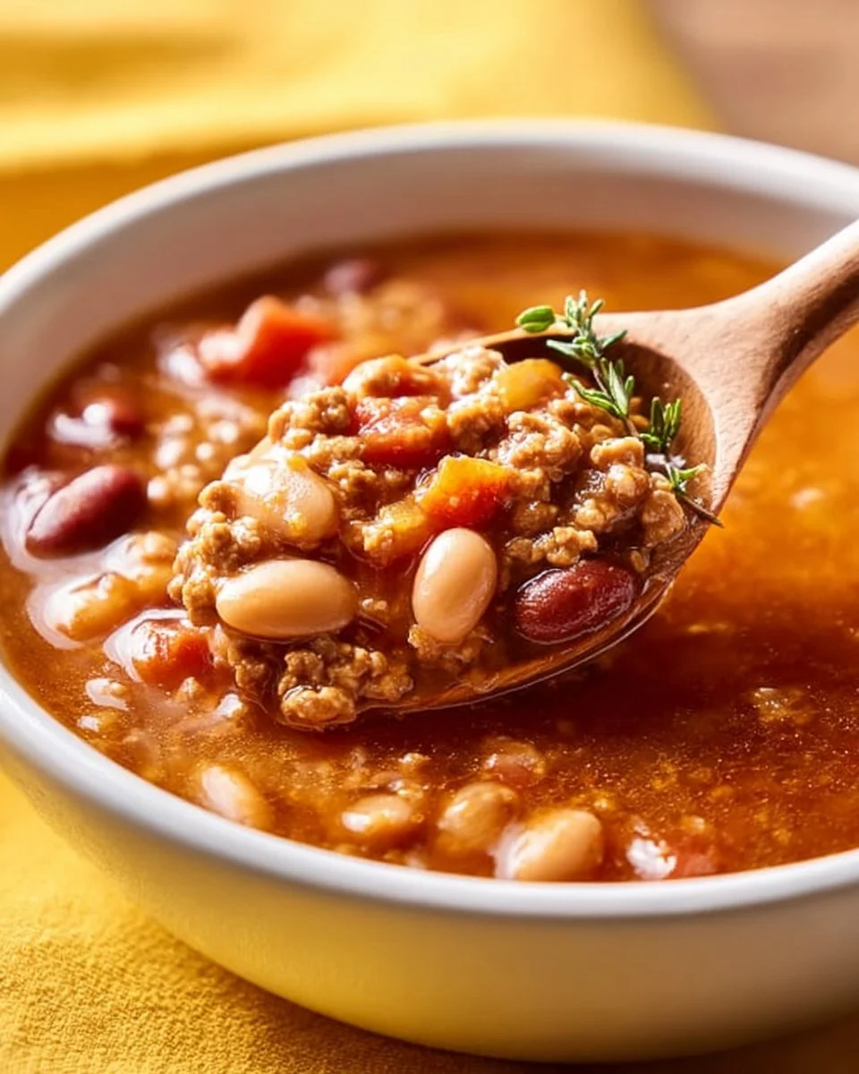 High Protein Crock Pot 15 Bean Soup with Ground Turkey in a bowl garnished with herbs