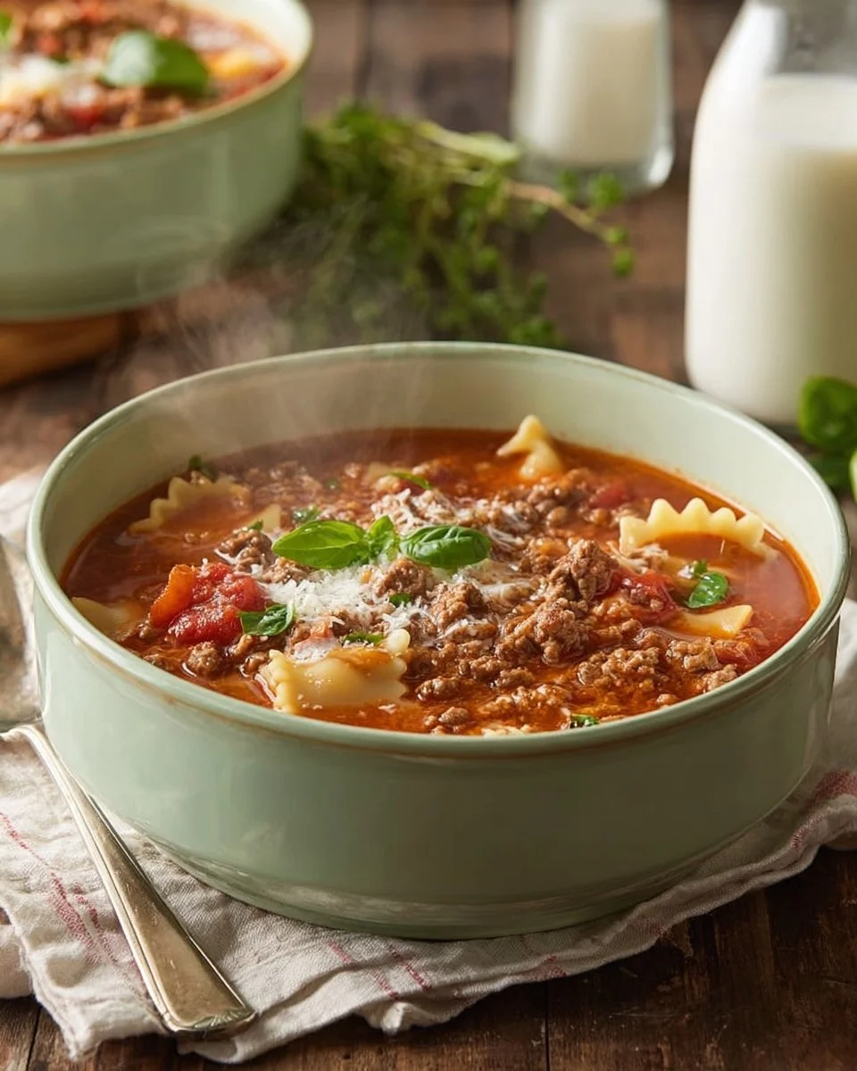 Bowl of high-protein lasagna soup garnished with herbs and cheese.