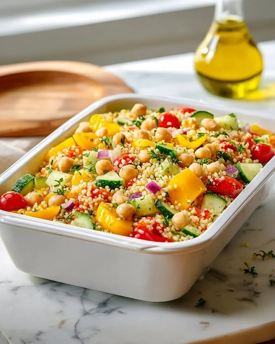 High Protein Mediterranean Couscous Salad with fresh vegetables and herbs