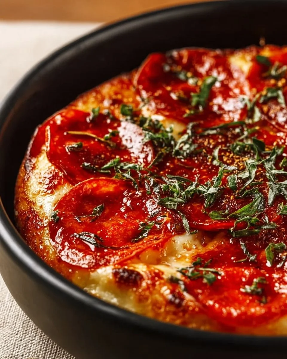 Homemade cottage cheese pizza bowl topped with fresh ingredients