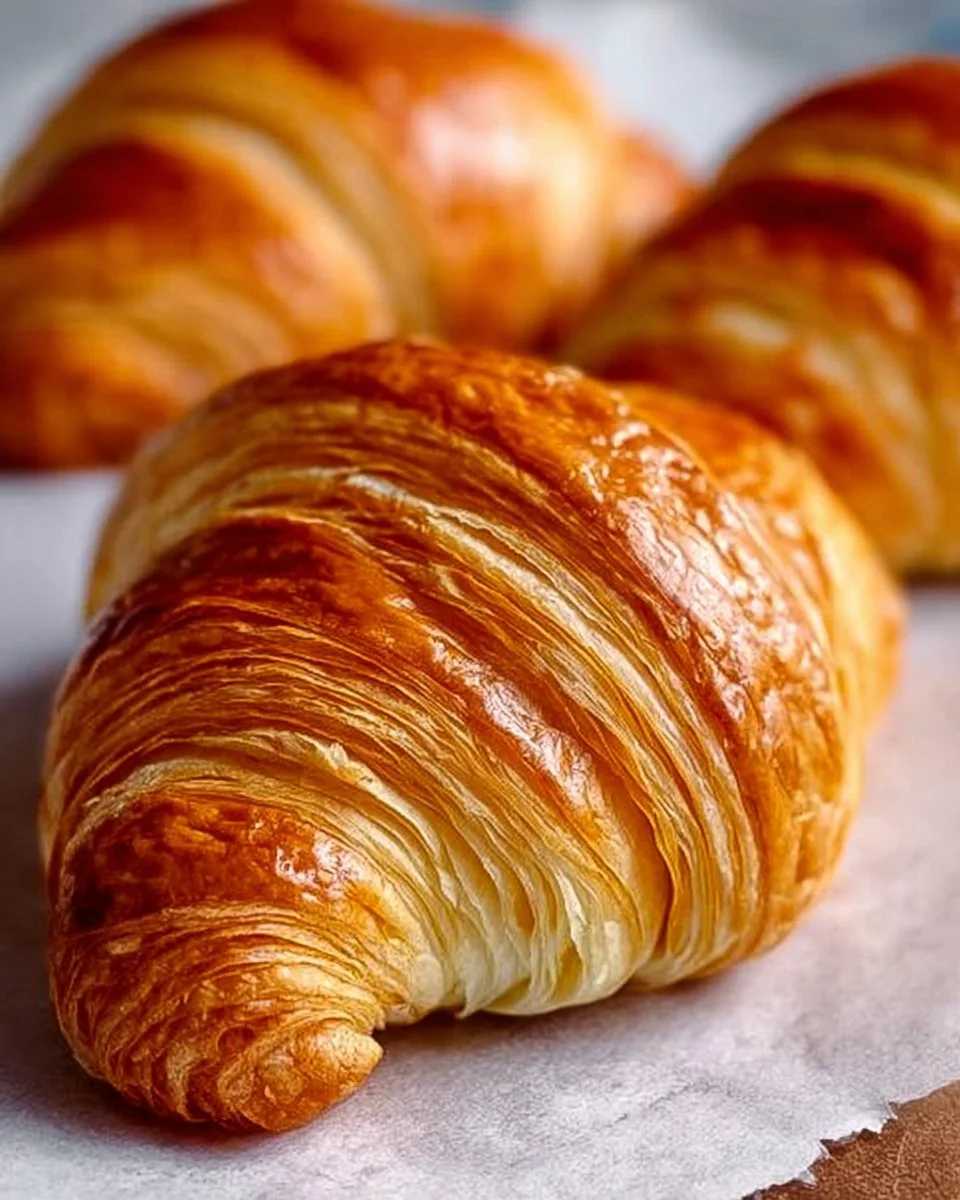 Freshly baked homemade croissants on a wooden board