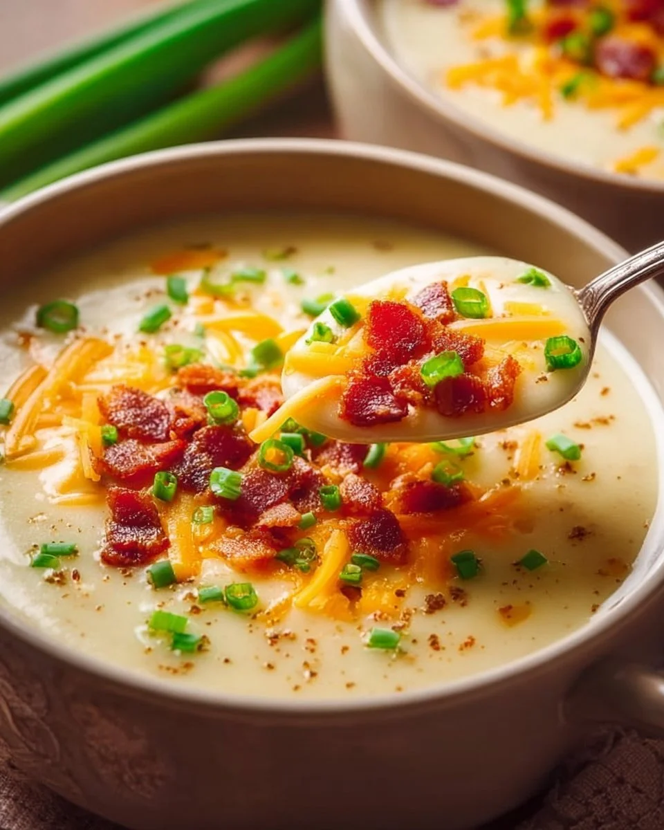 Delicious bowl of homemade potato soup inspired by Paula Deen's recipe.