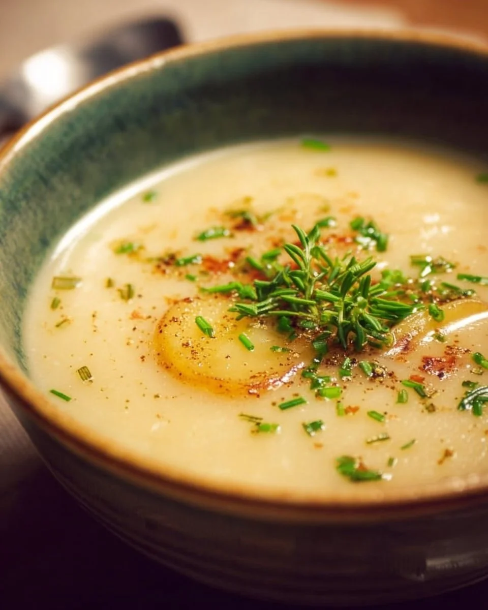 Bowl of homemade potato soup garnished with chives and served with crusty bread.