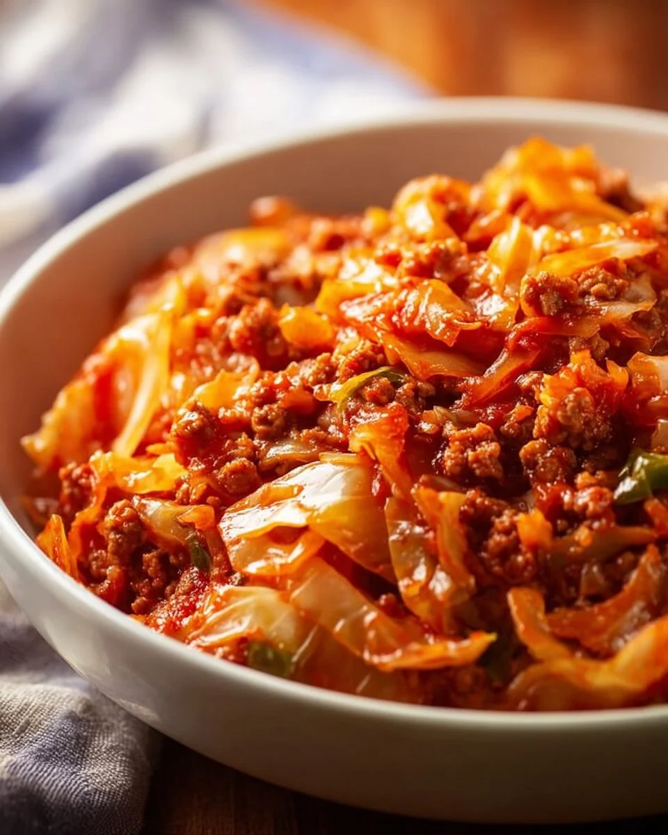 Homemade unstuffed cabbage rolls featuring ground turkey and fresh ingredients.