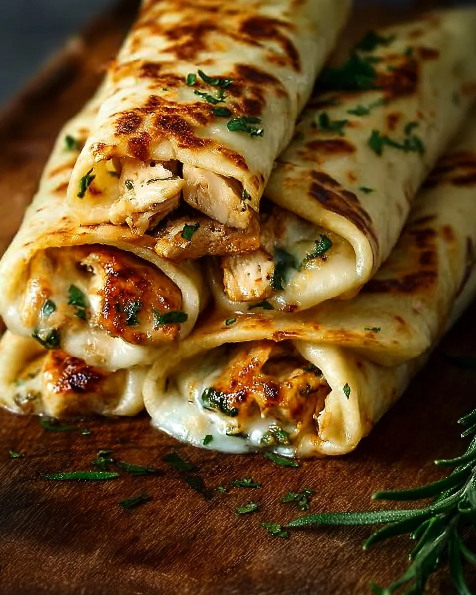 Indulgent low carb cheesy garlic chicken wraps served on a plate