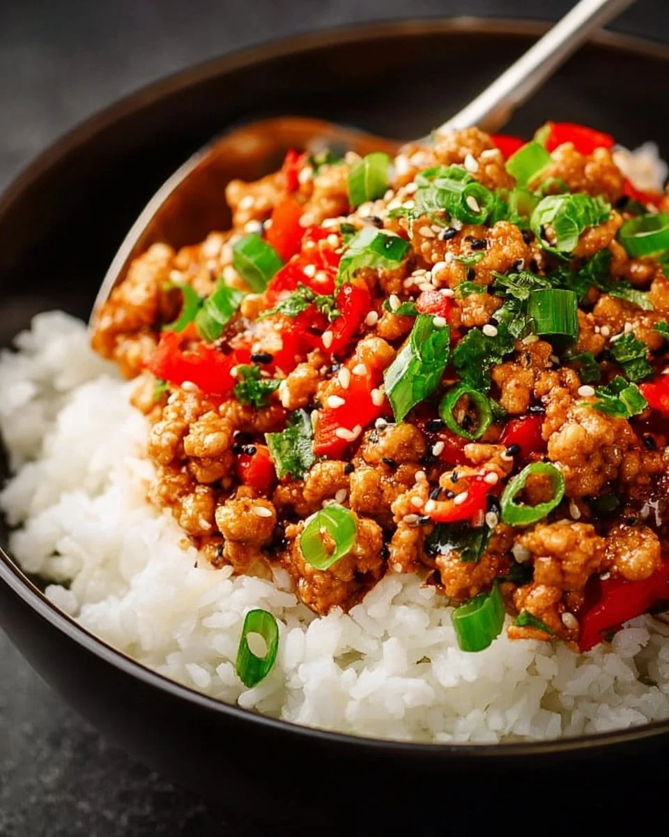 Delicious Asian Ground Turkey Bowls with fresh vegetables and tasty sauce