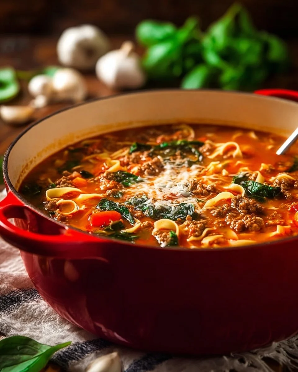 Bowl of healthy lasagna soup topped with cheese and fresh basil.