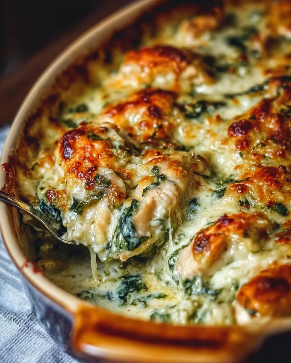 Creamy spinach artichoke chicken bake dish, healthy and delicious meal
