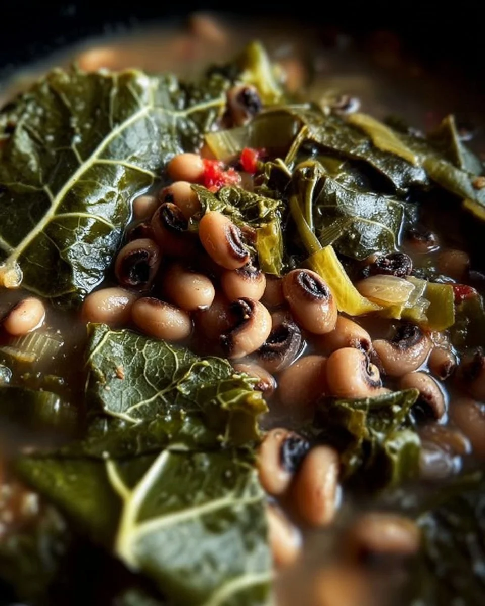 Bowl of crockpot black eyed peas and collard greens on a wooden table