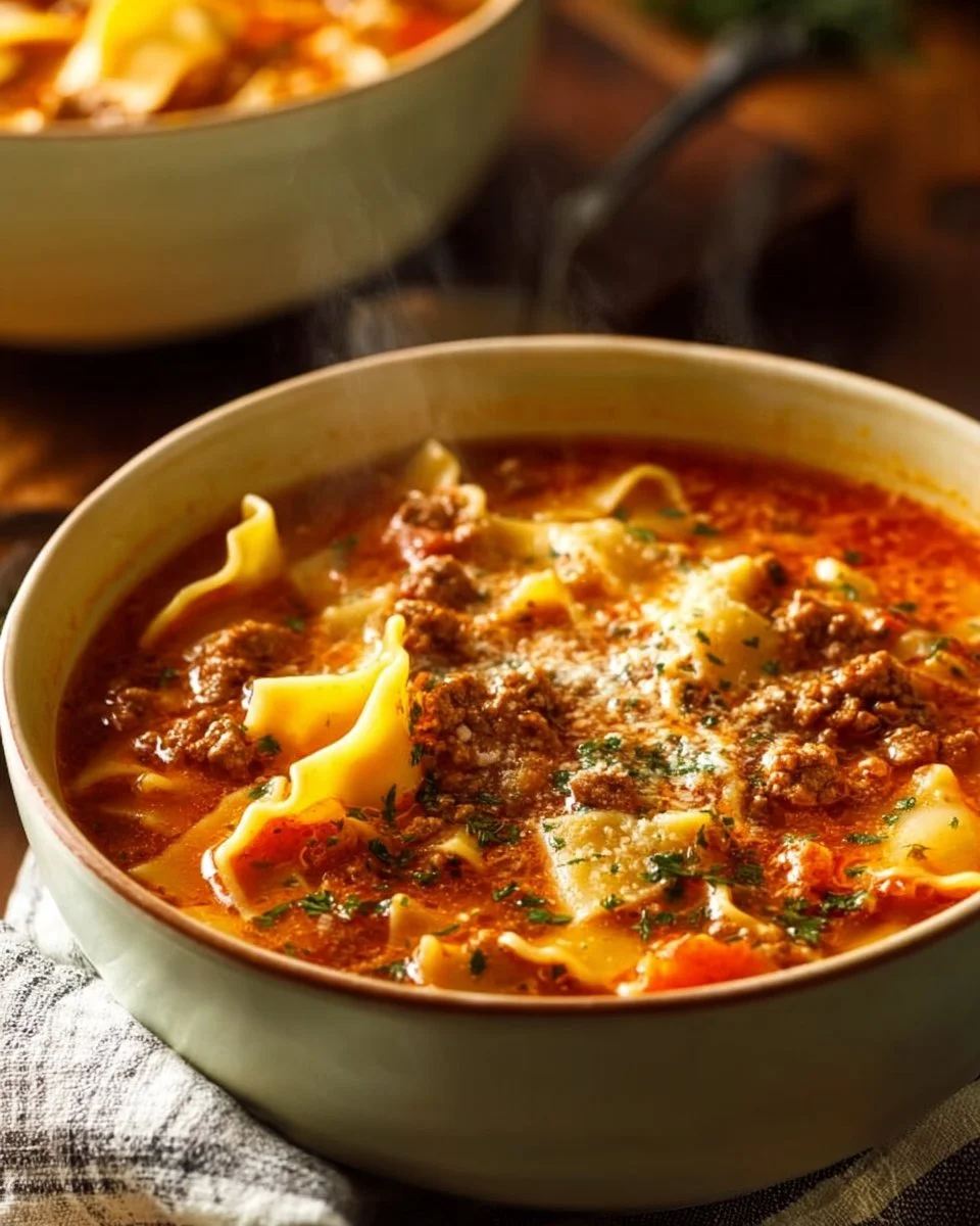 Bowl of Italian Lasagna Soup with sausage and ground beef topped with cheese