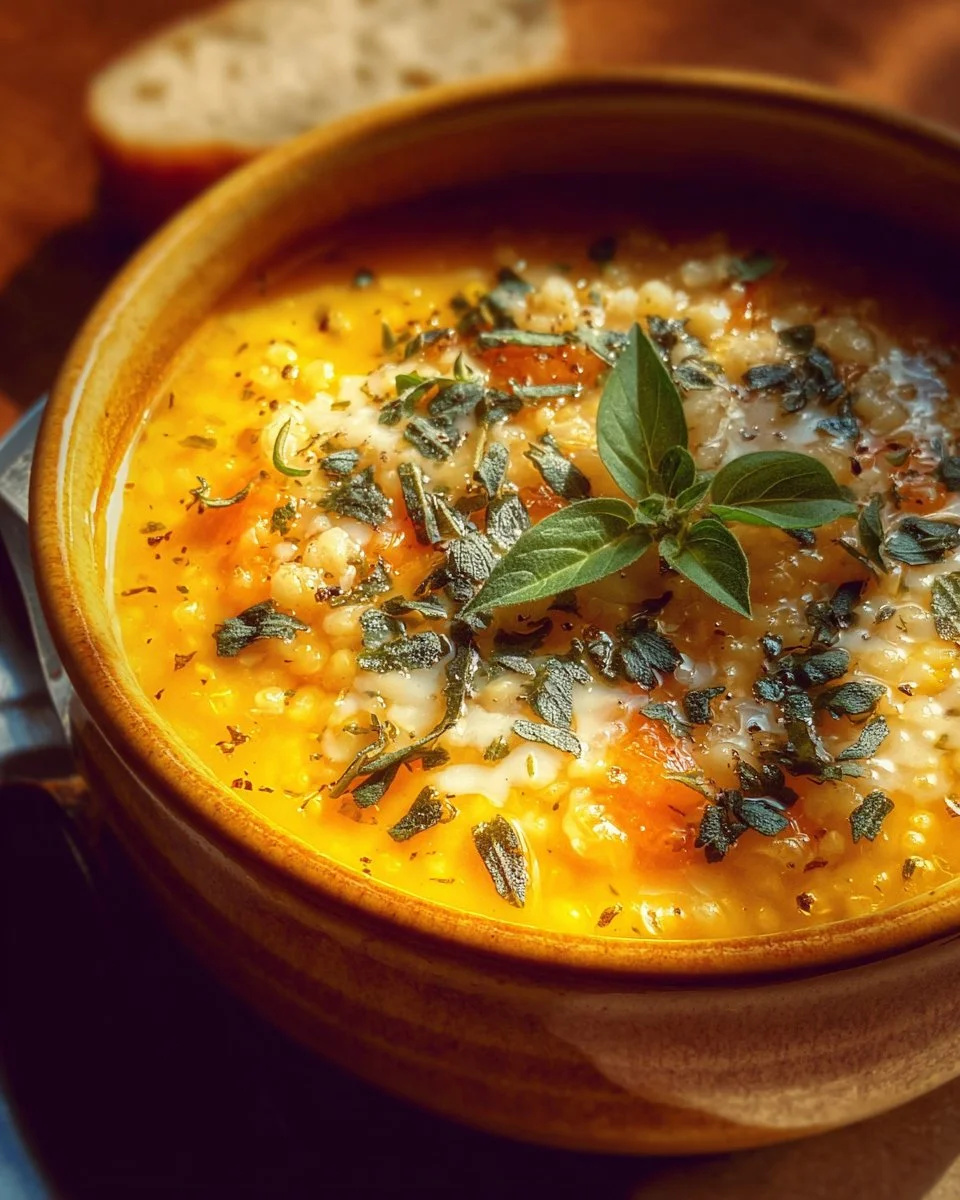 A bowl of Italian Penicillin Soup garnished with fresh herbs and vegetables.