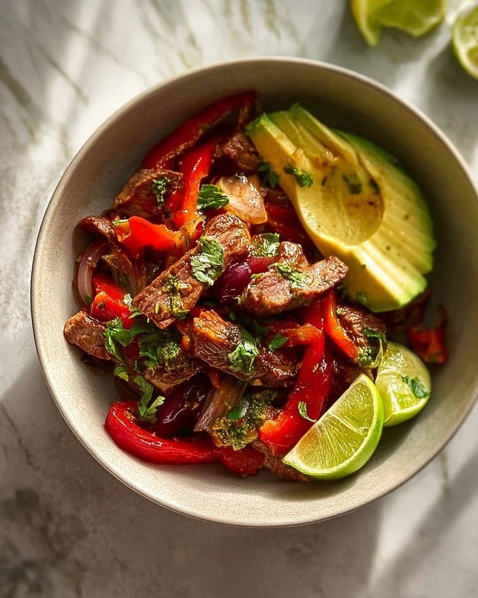 Keto cauliflower steak fajita bowl with colorful vegetables and spices