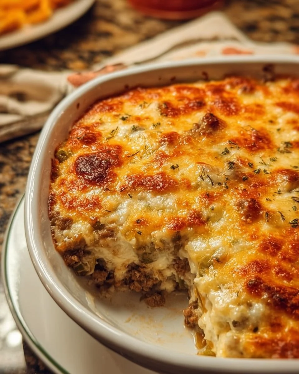 Keto Ground Turkey Casserole in a baking dish with cheese and vegetables.