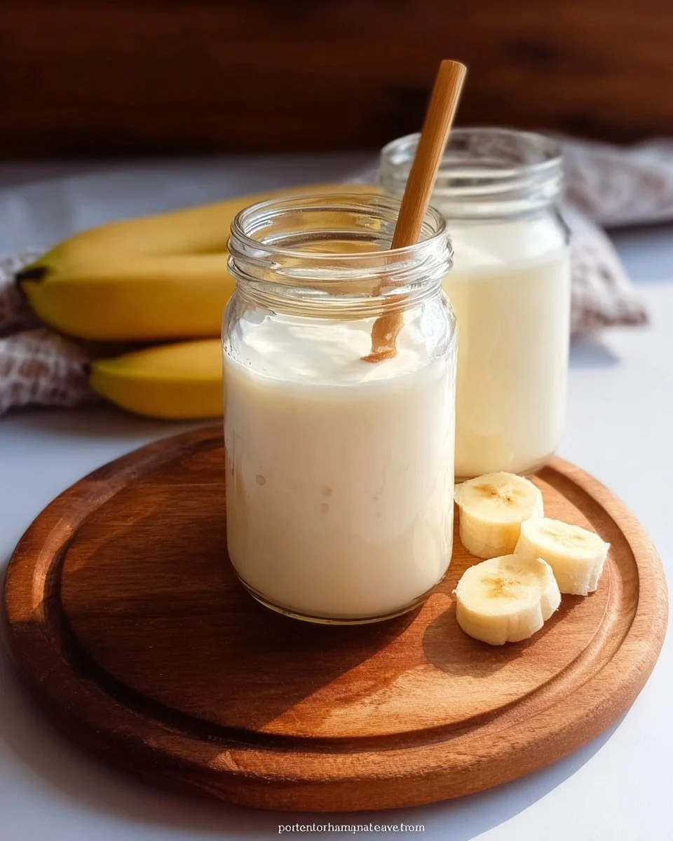Glass of creamy Korean Banana Milk with a banana on the side