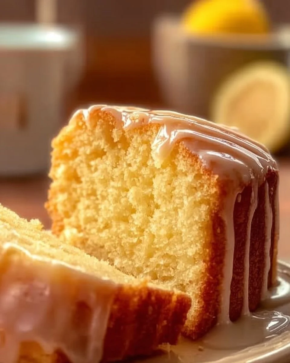 Sliced lemon cream cheese pound cake with a lemon glaze on a plate