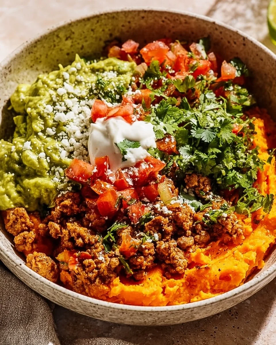 Delicious Mexican Ground Turkey Sweet Potato Bowl with colorful ingredients.