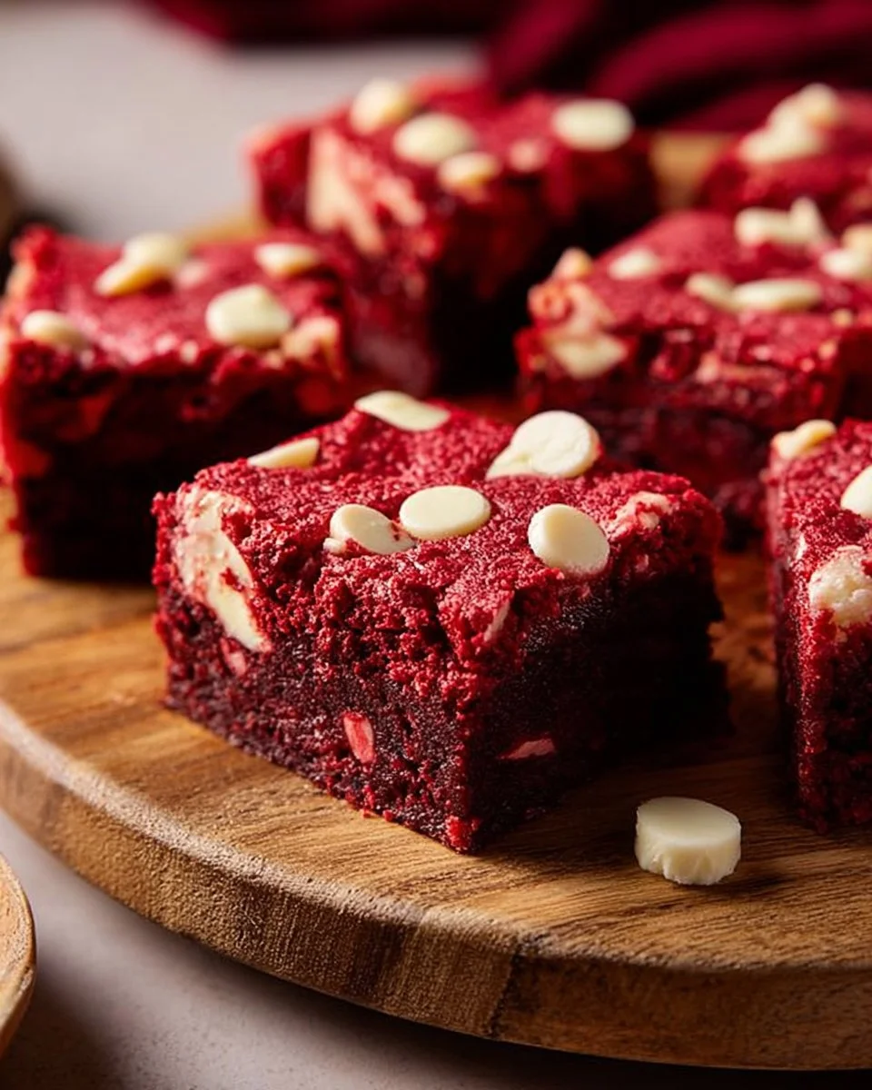 Moist low calorie red velvet brownies served on a plate