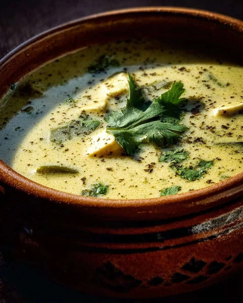 Bowl of mouthwatering roasted poblano soup with garnishes.