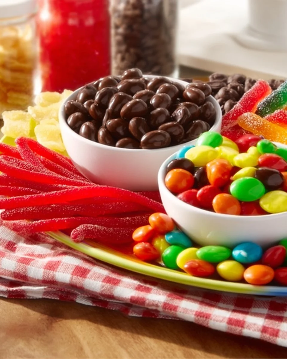 Movie night snack board with popcorn, candies, and beverages for a cozy evening.
