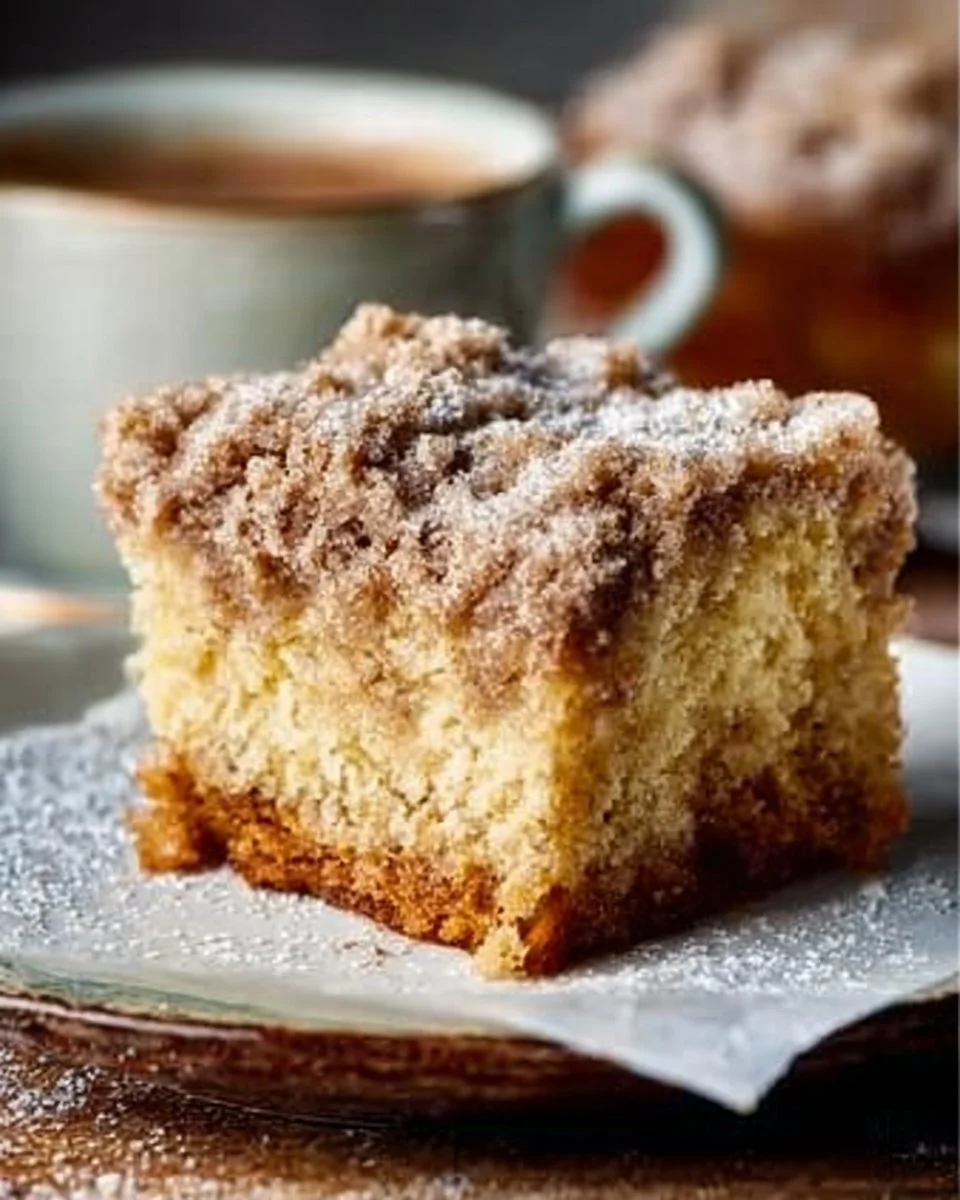 A delicious slice of New York Style Crumb Cake topped with rich crumbs.