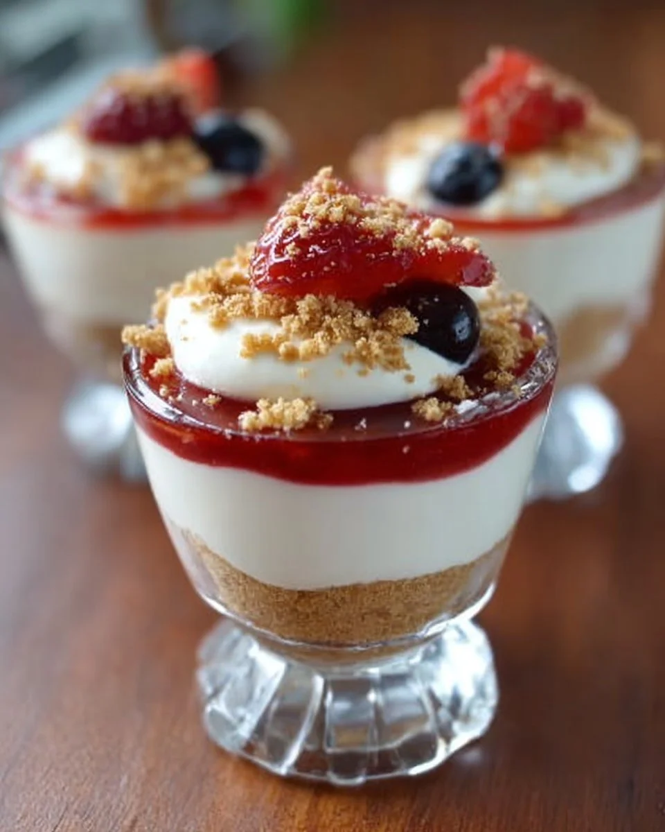 No-bake cheesecake parfait in a glass, topped with berries and whipped cream.