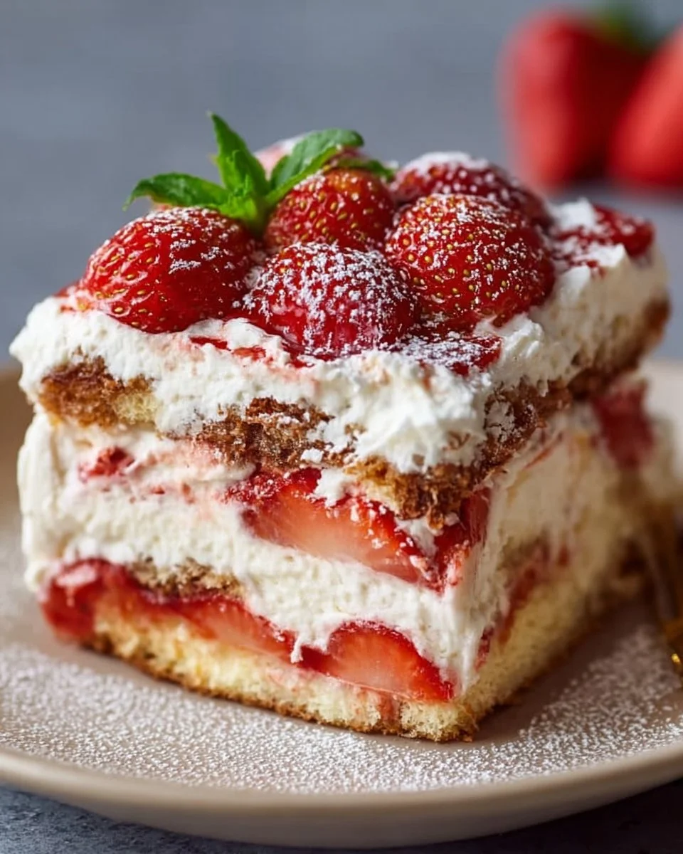 No-bake strawberry tiramisu dessert garnished with fresh strawberries