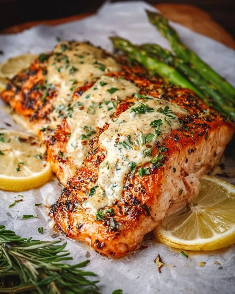 Oven-baked Boursin salmon garnished with herbs on a white plate
