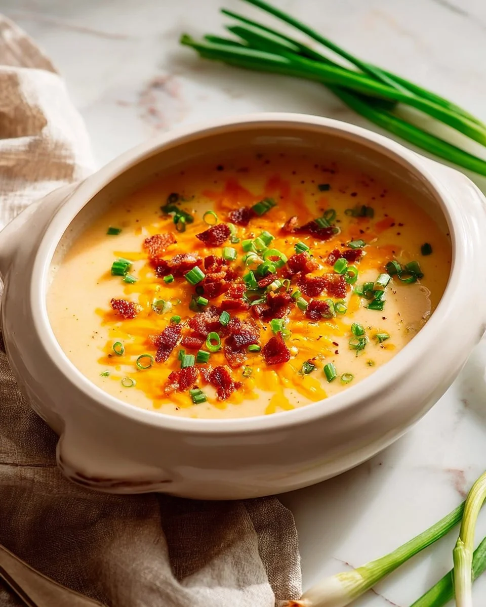 Bowl of Paula Deen's delicious potato soup with toppings