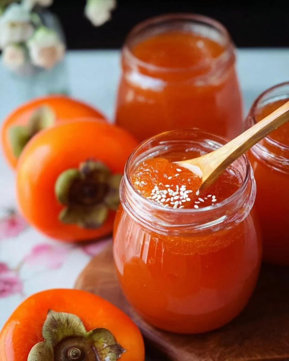 Jar of homemade persimmon jam spread on toast with fresh persimmons beside it