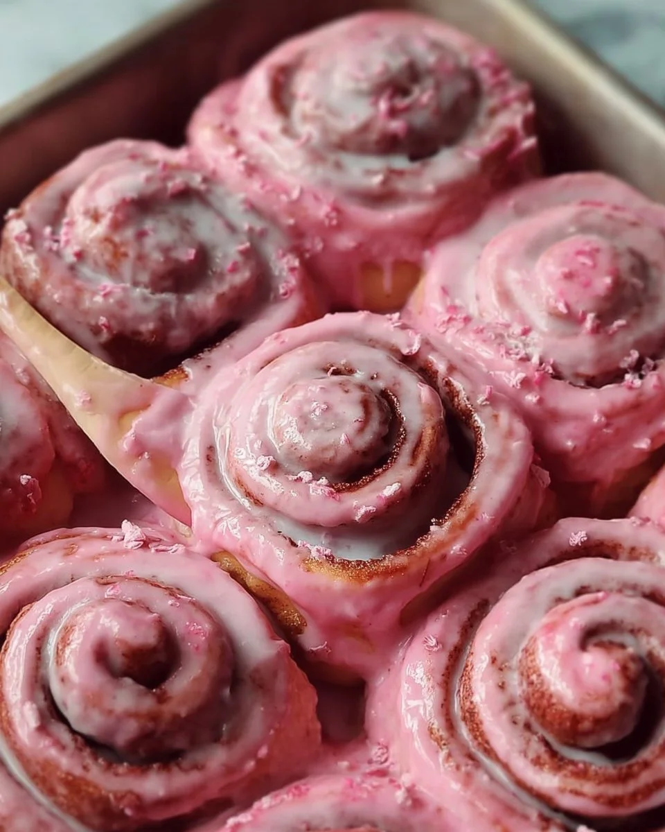 Delicious Pink Velvet Cinnamon Rolls topped with frosting and sprinkles