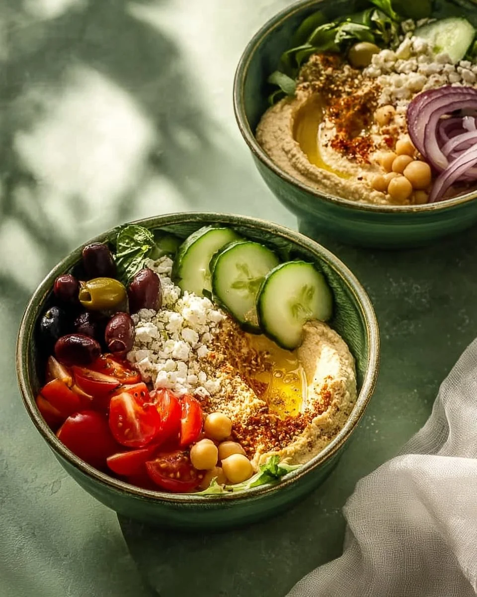 Protein-packed Mediterranean hummus bowl with fresh ingredients and toppings