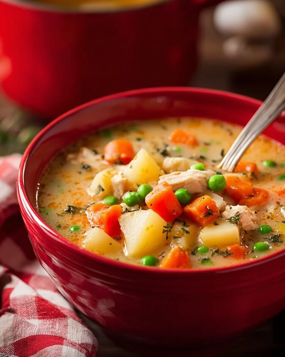 Bowl of quick dairy free chicken potato soup topped with fresh herbs