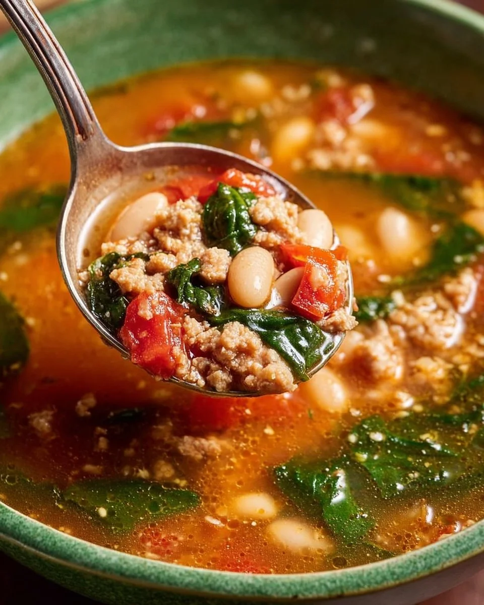 Bowl of quick ground turkey soup with beans, garnished with fresh herbs