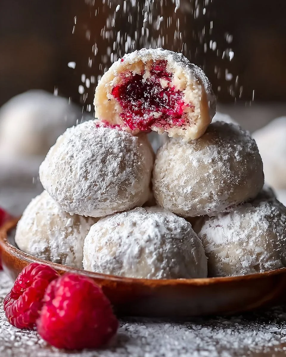 Delicious Raspberry Almond Snowball Cookies on a decorative plate